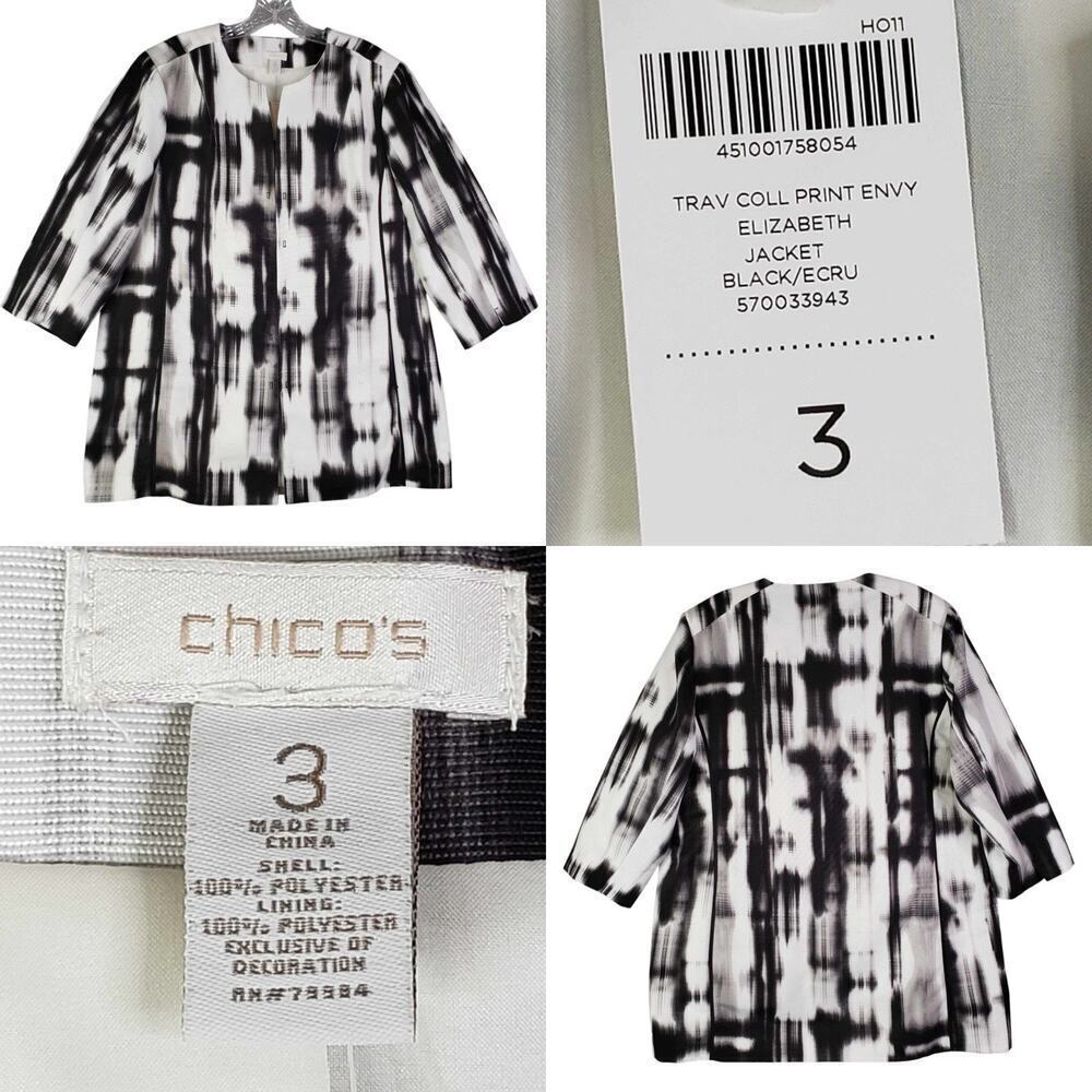 Chicos Jacket Blazer Open Front Women’s Size 3 US XL Open Front Black Ecru New